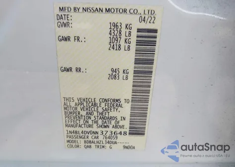 2022 Nissan Altima Sv Fwd из США, поврежденный, VIN 1N4BL4DV0NN373648